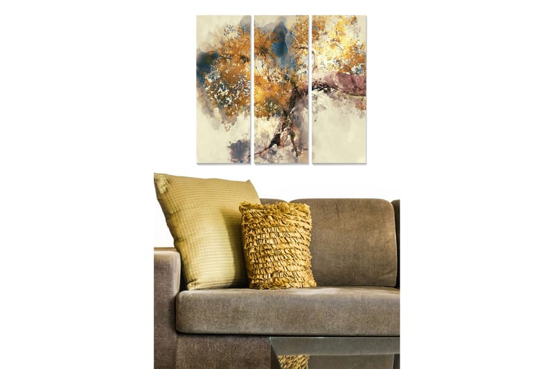 Trelerretsbilde 3-delt 50x70 cm - Abstrakt landskap med gylne trekroner, Gull / Blå / Beige
