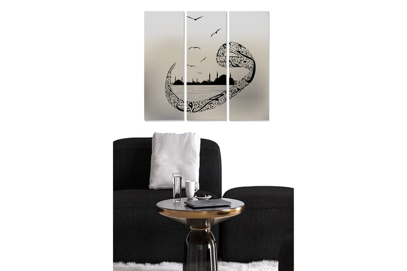 Trelerretsbilde 3-delt 50x70 cm - Abstrakt landskap med stiliserte fugler og silhuetter av bygninger, Svart / Grå