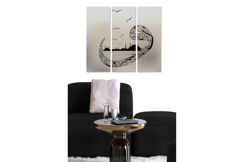 Trelerretsbilde 3-delt 50x70 cm - Abstrakt landskap med stiliserte fugler og silhuetter av bygninger, Svart / Grå