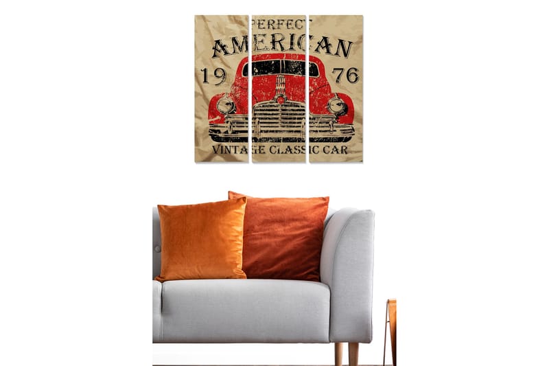 Trelerretsbilde 3-delt 50x70 cm - Amerikansk veteranbil fra 1976 - Rød / Beige / Svart - Innredning - Bilder & kunst - Lerretsbilder