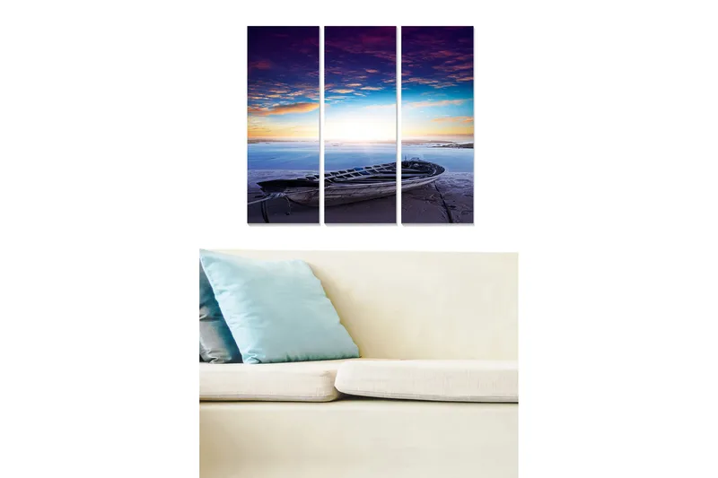 Trelerretsbilde 3-delt 50x70 cm - Båt ved kysten under en fargerik solnedgang, Lilla / Blå / Oransje