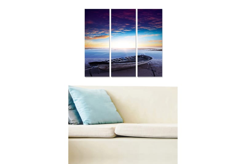 Trelerretsbilde 3-delt 50x70 cm - Båt ved kysten under en fargerik solnedgang, Lilla / Blå / Oransje