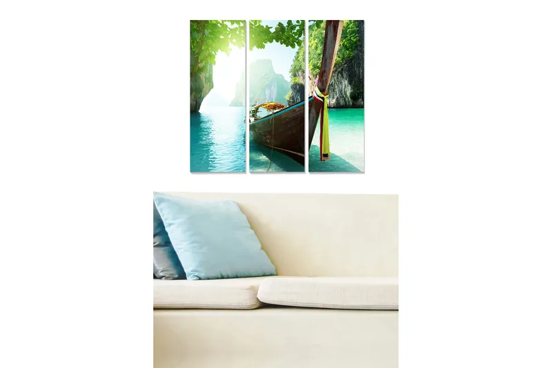 Trelerretsbilde 3-delt 50x70 cm - Båt på en tropisk strand med klart, turkis vann, Turkis / Grønn / Brun