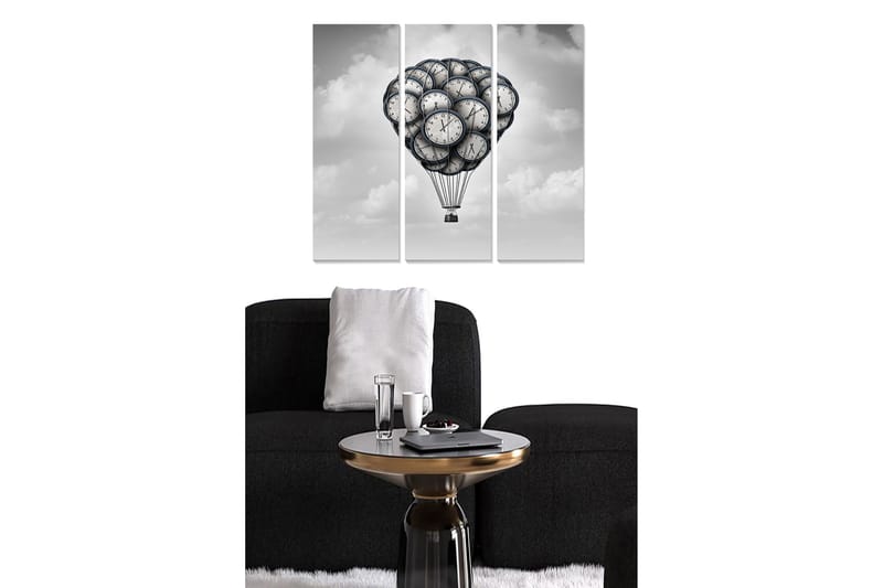 Trelerretsbilde 3-delt 50x70 cm - Ballong fylt med bjeller som svever på himmelen, Svart / Grå / Hvit