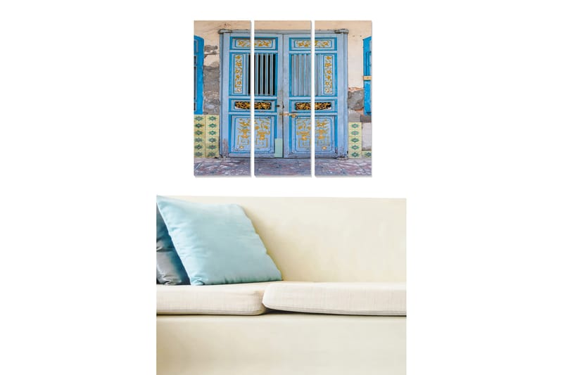 Trelerretsbilde 3-delt 50x70 cm - Blå dør med dekorative detaljer og mønstre, Blå / Gul / Grønn