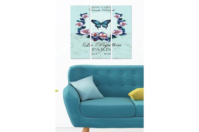 Trelerretsbilde 3-delt 50x70 cm - Blå sommerfugl omgitt av blomster i en romantisk komposisjon, Lys blå / Lilla / Grønn