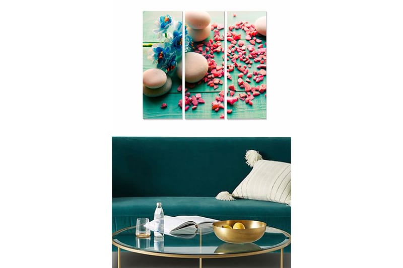 Trelerretsbilde 3-delt 50x70 cm - Blomster og steiner på turkis bakgrunn med rosa dekorasjoner, Turkis / Rosa / Beige