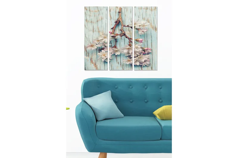 Trelerretsbilde 3-delt 50x70 cm - Blomstergren med rosa blomster mot en lyseblå bakgrunn, Lys blå / Rosa