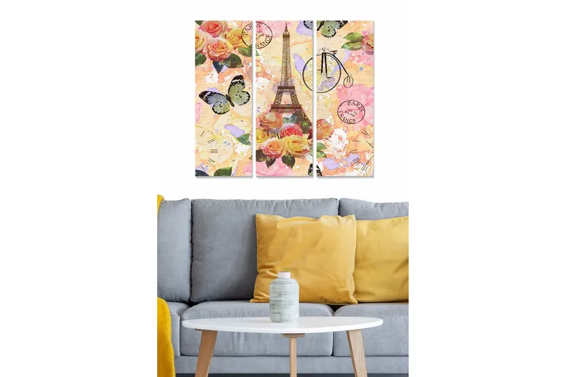 Trelerretsbilde 3-delt 50x70 cm - Blomsterkomposisjon med Eiffeltårnet og sommerfugler, Rosa / Grønn / Gul