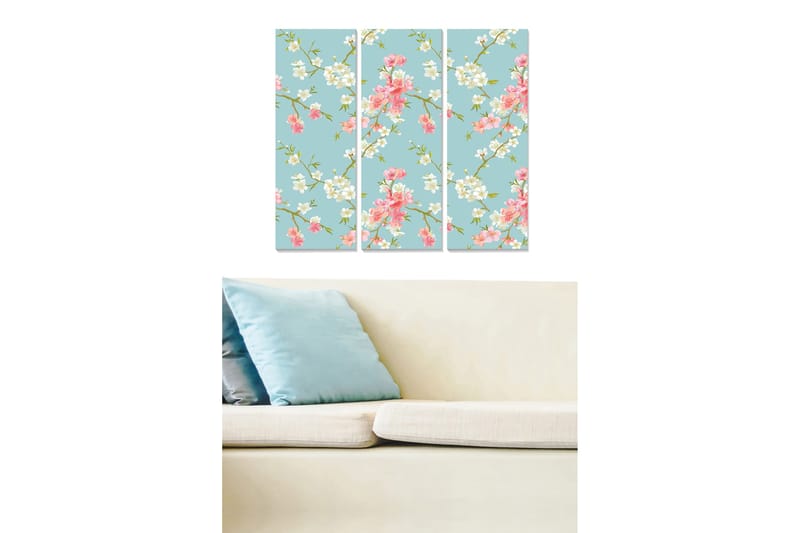 Trelerretsbilde 3-delt 50x70 cm - Blomsterkomposisjon med rosa og hvite blomster på en lyseblå bakgrunn, Lys blå / Rosa / Hvit
