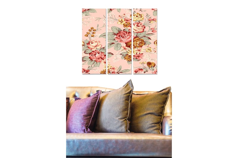 Trelerretsbilde 3-delt 50x70 cm - Blomsterkomposisjon med roser og grønne blader, Rosa / Rød / Grønn