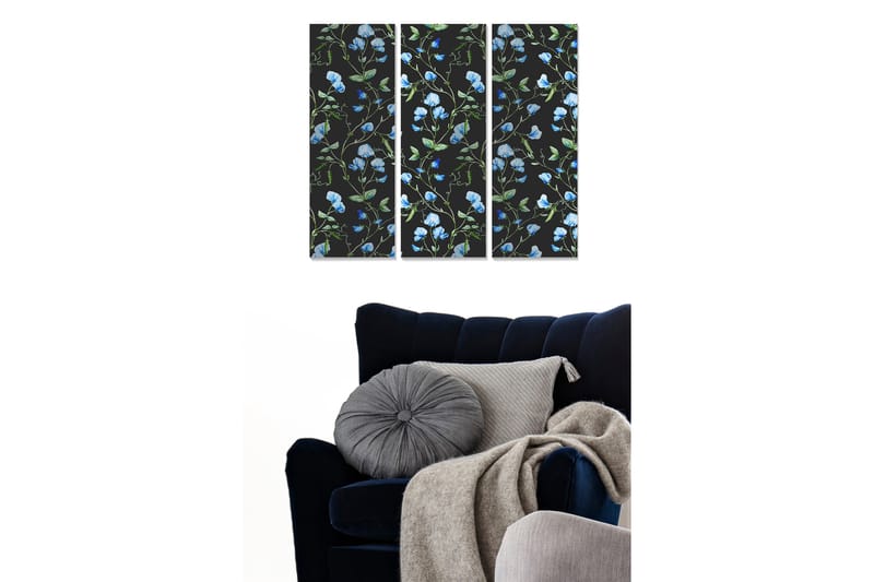 Trelerretsbilde 3-delt 50x70 cm - Blomstermønster med blå erter på svart bakgrunn, Blå / Grønn / Svart