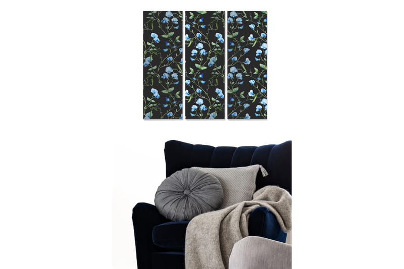 Trelerretsbilde 3-delt 50x70 cm - Blomstermønster med blå erter på svart bakgrunn, Blå / Grønn / Svart
