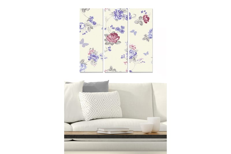 Trelerretsbilde 3-delt 50x70 cm - Blomstermønster med rosa og blå nyanser, Rosa / Blå / Grå
