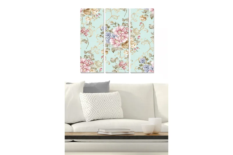 Trelerretsbilde 3-delt 50x70 cm - Blomstermønster med pastellfarger og elegante detaljer, Lys blå / Rosa / Beige