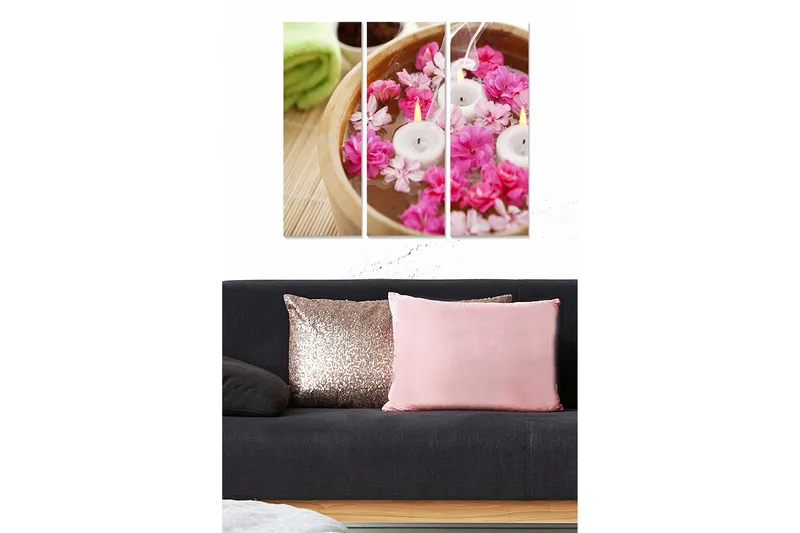 Trelerretsbilde 3-delt 50x70 cm - Blomsteroppsats med flytende lys i en bolle, Rosa / Hvit / Beige