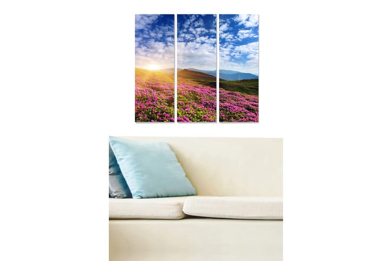 Trelerretsbilde 3-delt 50x70 cm - Blomstrende eng med fargerike blomster og en soloppgang i bakgrunnen - Rosa / Grønn / Blå - Innredning - Bilder & kunst - Lerretsbilder