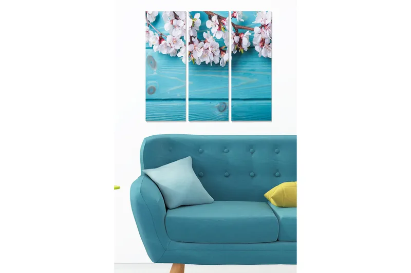 Trelerretsbilde 3-delt 50x70 cm - Blomstrende kirsebærgrener mot turkis bakgrunn, Turkis / Hvit / Rosa