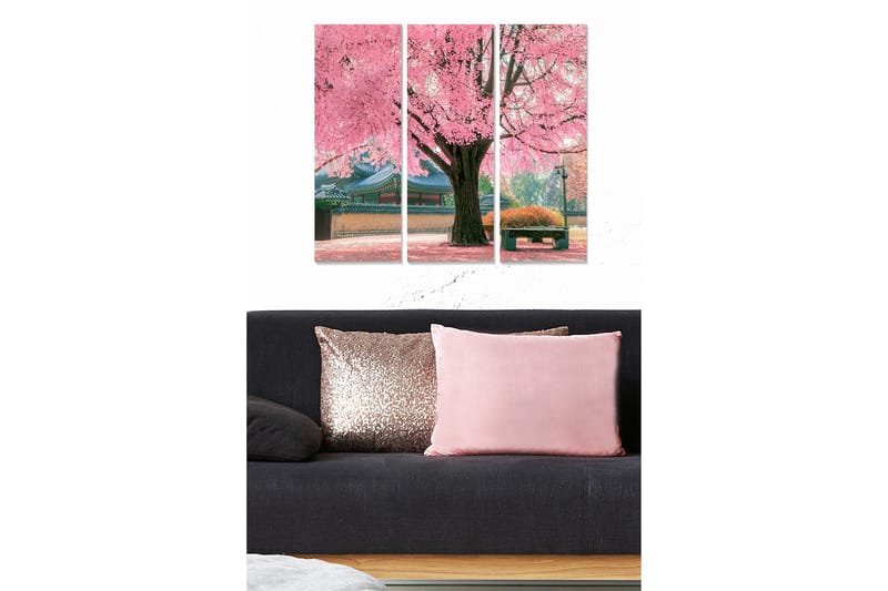 Trelerretsbilde 3-delt 50x70 cm - Blomstrende kirsebærtrær i vakre parkomgivelser, Rosa / Grønn / Brun