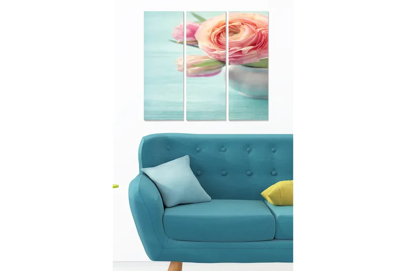 Trelerretsbilde 3-delt 50x70 cm - Bukett med rosa blomster i en sølvfarget vase, Rosa / Grønn / Sølv