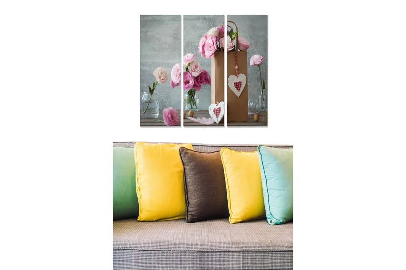 Trelerretsbilde 3-delt 50x70 cm - Bukett med rosa blomster i en papirpose, Rosa / Grå / Hvit