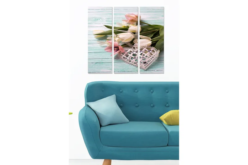 Trelerretsbilde 3-delt 50x70 cm - Bukett med tulipaner i pastellfarger med et dekorativt hjerte - Rosa / Hvit / Grønn - Innredning - Bilder & kunst - Lerretsbilder