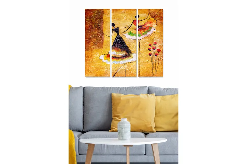 Trelerretsbilde 3-delt 50x70 cm - Dansende kvinner i fargerike kjoler, Gul / Svart / Rød