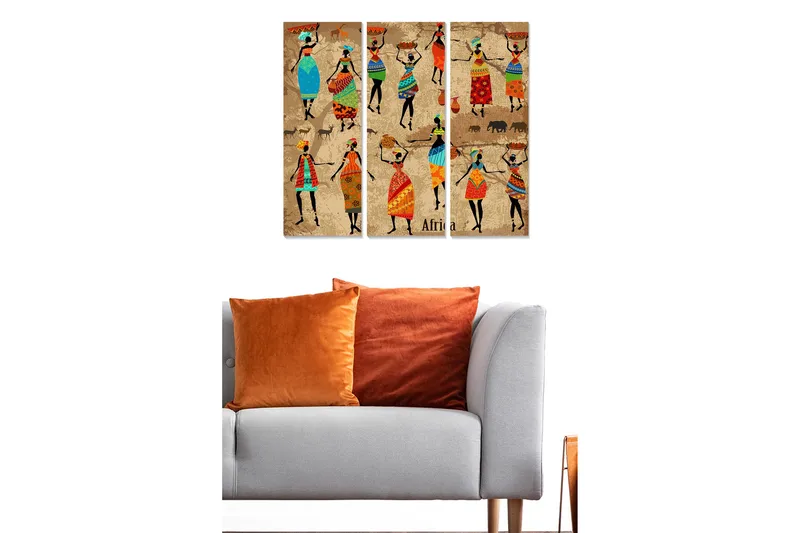 Trelerretsbilde 3-delt 50x70 cm - Dansende kvinner med fargerike klær og tradisjonelle mønstre - Blå / Rød / Grønn - Innredning - Bilder & kunst - Lerretsbilder