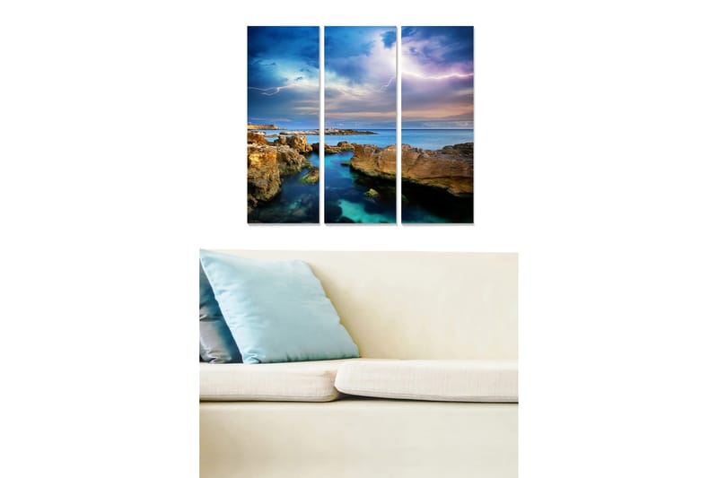 Trelerretsbilde 3-delt 50x70 cm - Dramatisk kystlandskap med klipper og hav, Blå / Grønn / Brun