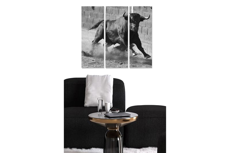 Trelerretsbilde 3-delt 50x70 cm - Dynamisk okse i bevegelse, Svart / Hvit / Grå