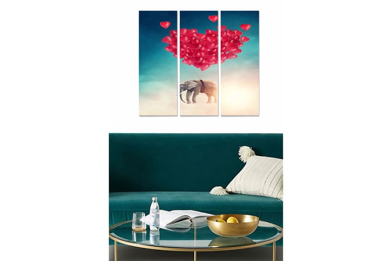 Trelerretsbilde 3-delt 50x70 cm - Elefant som svever med hjerteformede ballonger, Rød / Blå / Beige