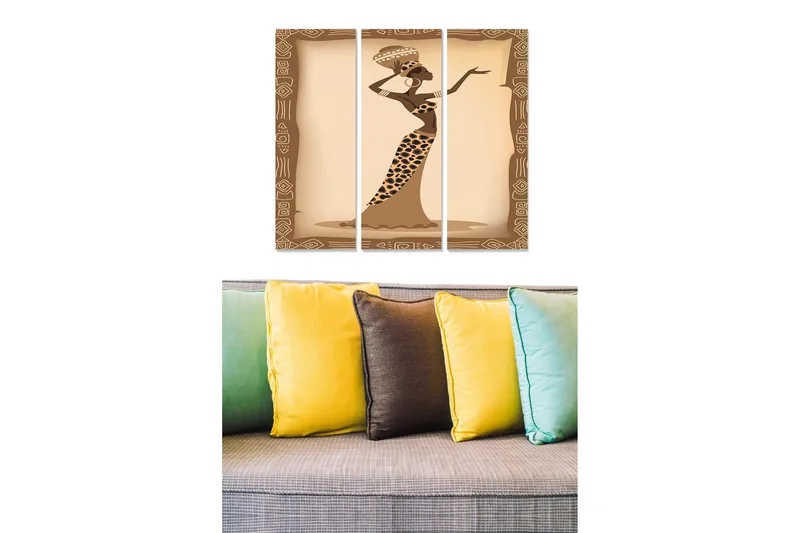 Trelerretsbilde 3-delt 50x70 cm - Elegant kvinne i tradisjonell kjole med dyremønster, Brun / Beige / Svart