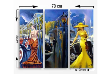 Trelerretsbilde 3-delt 50x70 cm - Elegante kvinner i fargerike kjoler foran klassiske biler - Gul / Oransje / Blå - Innredning - Bilder & kunst - Lerretsbilder
