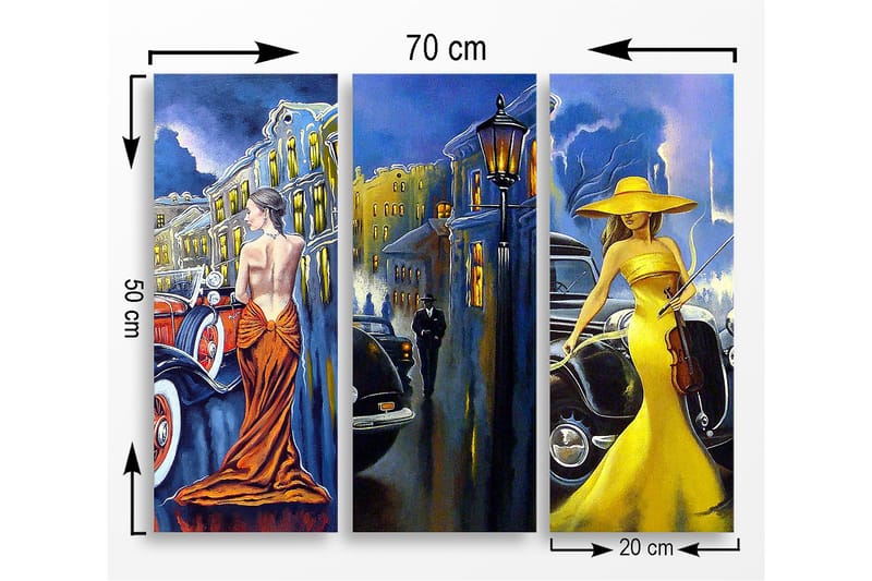 Trelerretsbilde 3-delt 50x70 cm - Elegante kvinner i fargerike kjoler foran klassiske biler - Gul / Oransje / Blå - Innredning - Bilder & kunst - Lerretsbilder