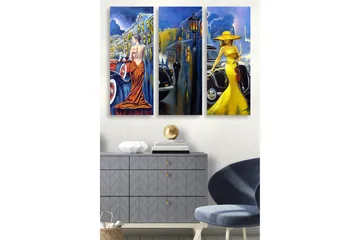 Trelerretsbilde 3-delt 50x70 cm - Elegante kvinner i fargerike kjoler foran klassiske biler - Gul / Oransje / Blå - Innredning - Bilder & kunst - Lerretsbilder