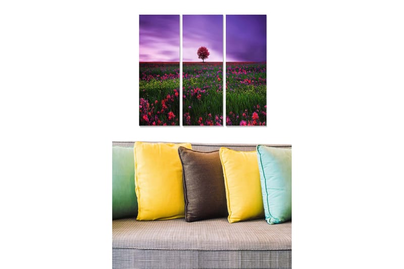 Trelerretsbilde 3-delt 50x70 cm - Ensomt rosa tre i en blomstrende eng under en lilla himmel, Lilla / Rosa / Grønn