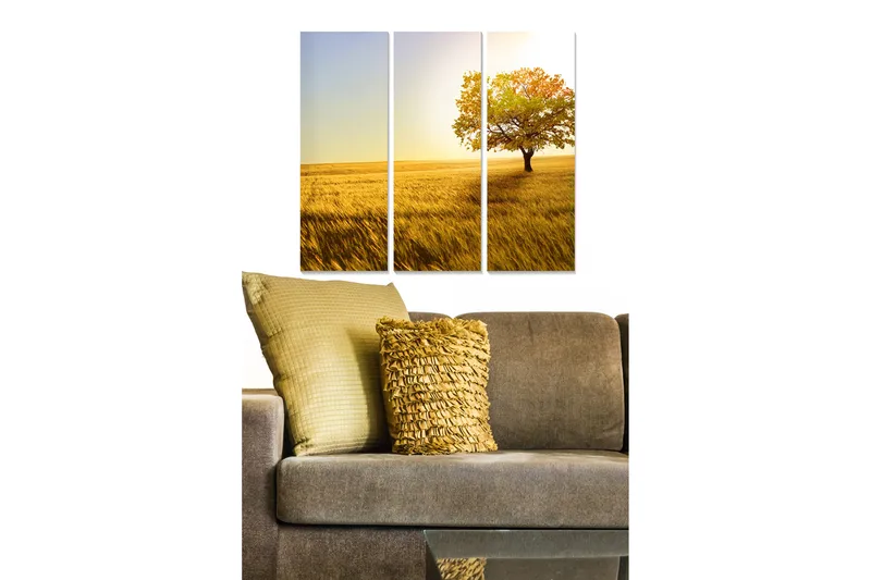 Trelerretsbilde 3-delt 50x70 cm - Ensomt tre i gylne åkre under en klar himmel, Gull / Grønn / Blå