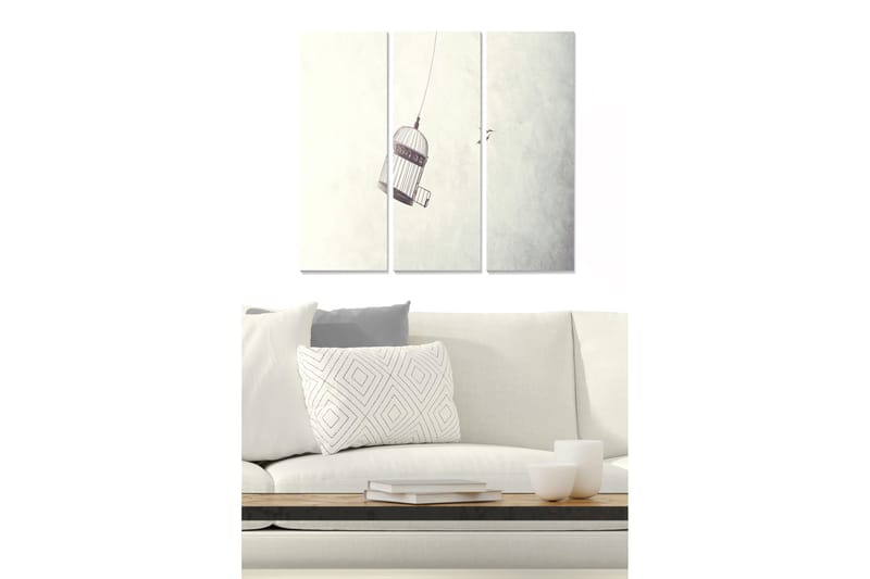 Trelerretsbilde 3-delt 50x70 cm - Fanget fuglebur hengende i luften, Grå / Hvit / Svart