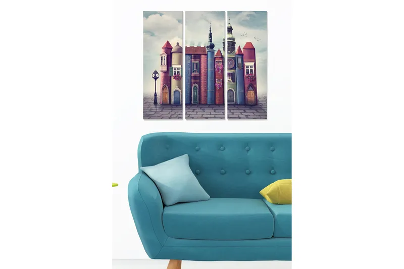 Trelerretsbilde 3-delt 50x70 cm - Fantasifull bygning med fargerike tårn og vinduer, Rosa / Blå / Grønn