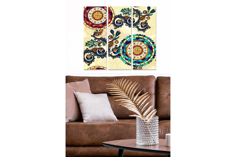 Trelerretsbilde 3-delt 50x70 cm - Fargerik abstrakt komposisjon med sirkulære mønstre og detaljerte ornamenter, Mørk blå / Rød / Grønn