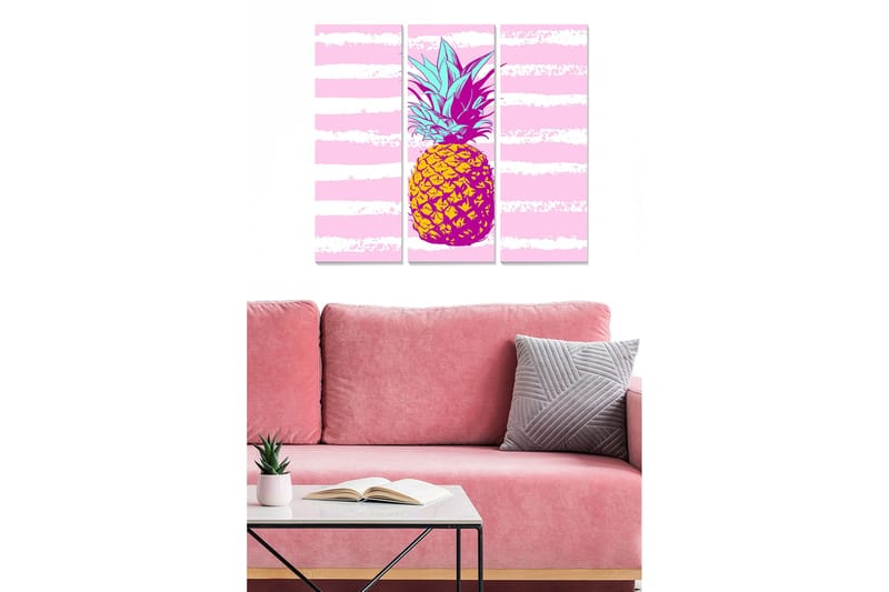 Trelerretsbilde 3-delt 50x70 cm - Fargerik ananas med grafiske linjer i bakgrunnen, Rosa / Gul / Lilla