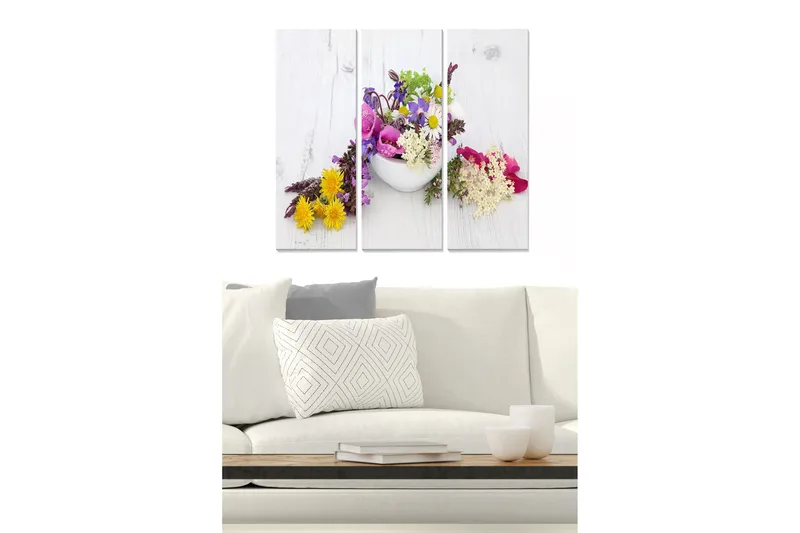 Trelerretsbilde 3-delt 50x70 cm - Fargerik blomsterbukett i en hvit bolle, Gul / Lilla / Rosa