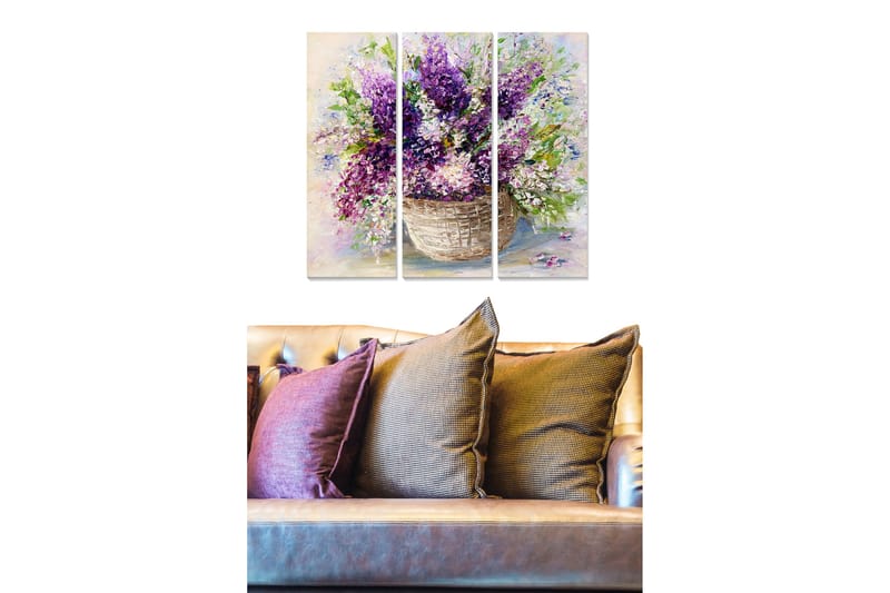 Trelerretsbilde 3-delt 50x70 cm - Fargerik blomsterbukett i en kurv, Lilla / Grønn / Hvit