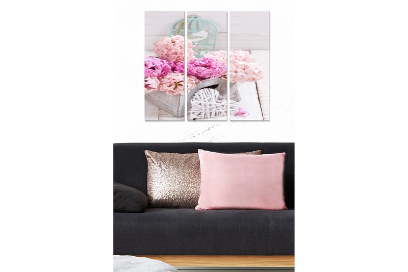 Trelerretsbilde 3-delt 50x70 cm - Fargerik blomsterbukett i en kurv, Rosa / Lys rosa / Grå