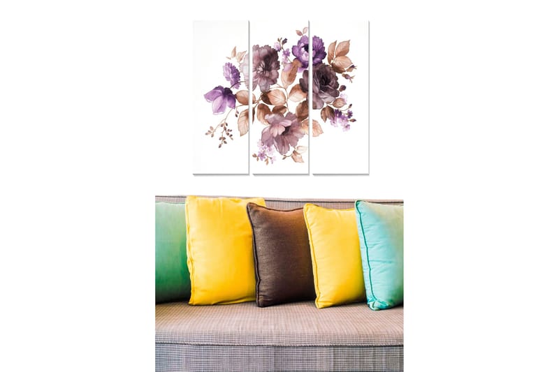 Trelerretsbilde 3-delt 50x70 cm - Fargerik blomsterbukett i lilla og brune toner - Lilla / Brun - Innredning - Bilder & kunst - Lerretsbilder