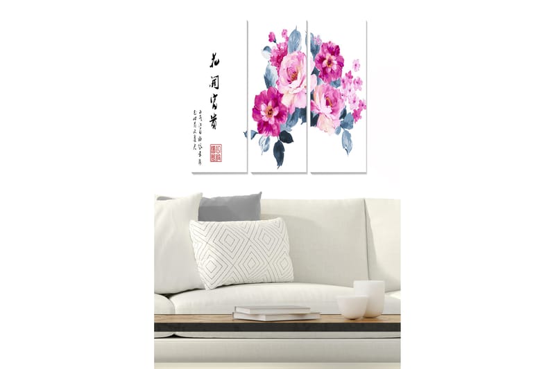 Trelerretsbilde 3-delt 50x70 cm - Fargerik blomsterbukett i rosa og lilla nyanser, Rosa / Lilla / Grå