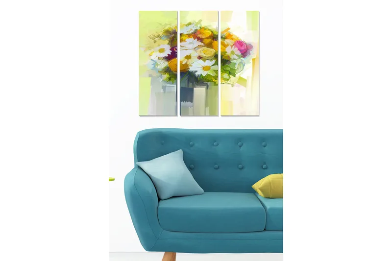 Trelerretsbilde 3-delt 50x70 cm - Fargerik blomsterbukett i vase, Gul / Grønn / Hvit