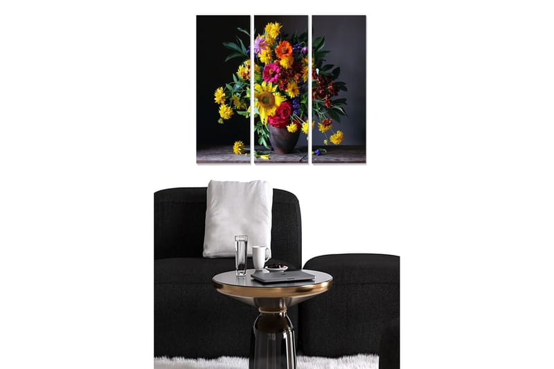 Trelerretsbilde 3-delt 50x70 cm - Fargerik blomsterbukett i vase, Gul / Rød / Grønn
