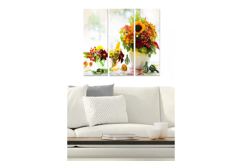 Trelerretsbilde 3-delt 50x70 cm - Fargerik blomsterbukett i vase, Gul / Rød / Grønn