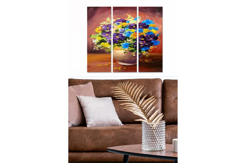 Trelerretsbilde 3-delt 50x70 cm - Fargerik blomsterbukett i vase, Lilla / Blå / Gul